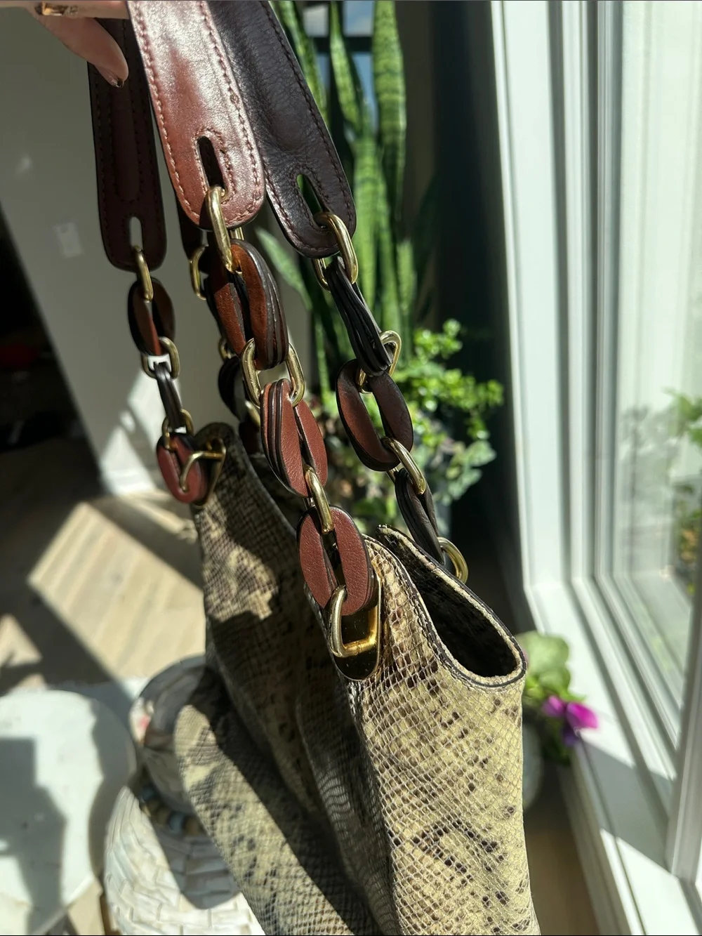 Michael Kors Taupe and Brown Snake-Print Shoulder Hobo - Picture 3 of 9